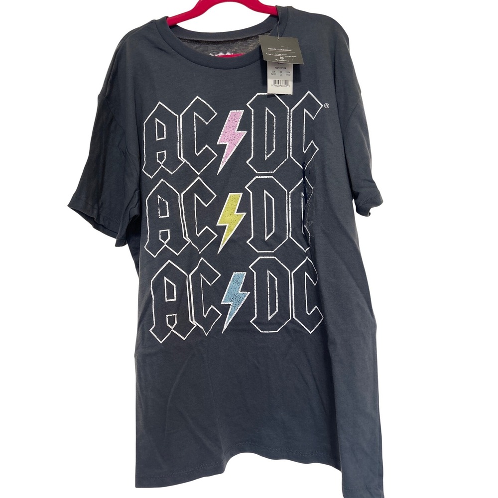AC/DC Womens Gray Graphic T-Shirt Glitter Lightning Bolt Rock Band Tee Large NEW